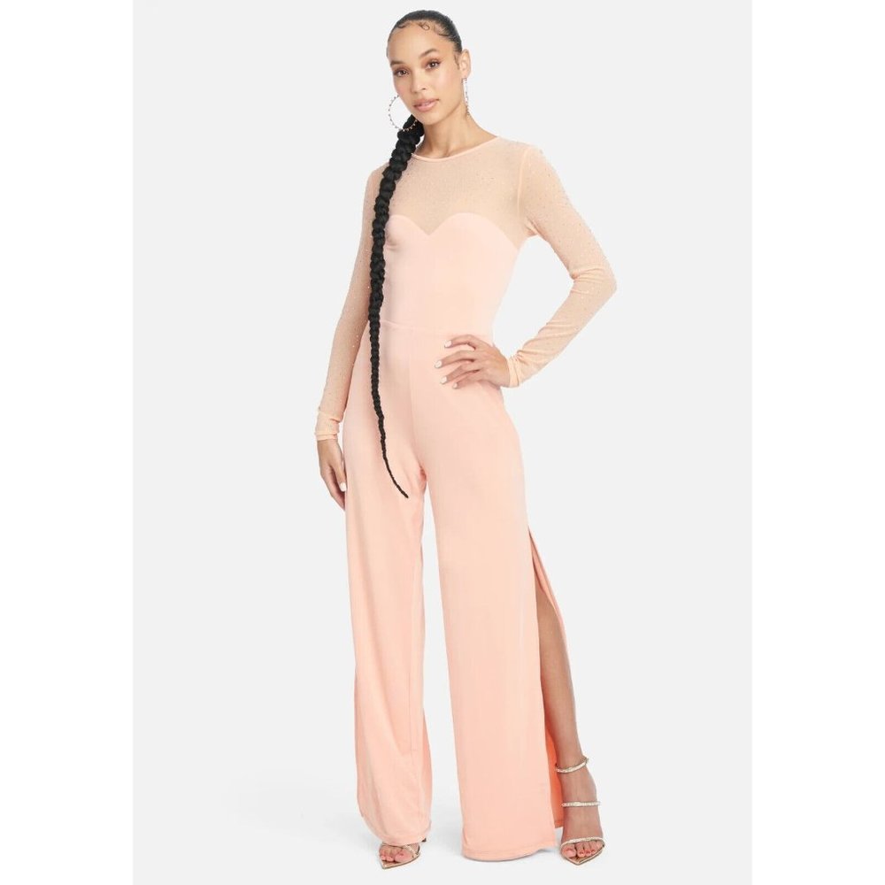 BEBE Jumpsuit L Peach Parfait Embellished Illusion Wide Leg Cocktail Stretch - Picture 2 of 12